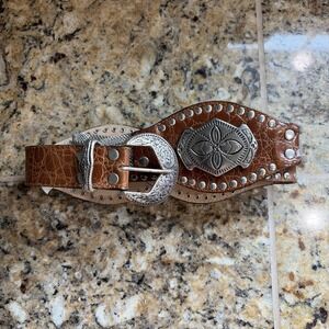Signature Miami Brown Leather Silver Mesh Studded Concho Western Belt Womens 3